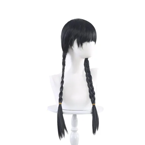 Vista 4 de Peluca larga negra trenzada para Wednesday Addams, Wednesday Addams, disfraz de Addams, trenzas de pelo para niños, niñas, Halloween, fiesta