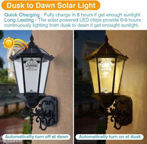 Vista 8 de Lámpara solar decorativa de pared para exteriores, linterna de pared impermeable del atardecer al amanecer, lámpara LED de montaje en pared, 21