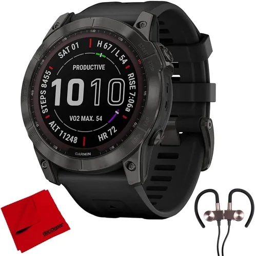 Vista 12 de Garmin Fenix 7X Pro Sapphire Solar, reloj inteligente GPS multideportivo, linterna integrada, carga solar, titanio con banda gris niebla/naranja