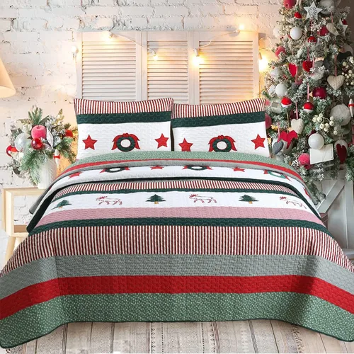 Vista 9 de Cozy Line Home Fashions Juego de ropa de cama reversible con diseño de retazos de Navidad, color azul marino, silencioso, cielo estrellado, cabaña