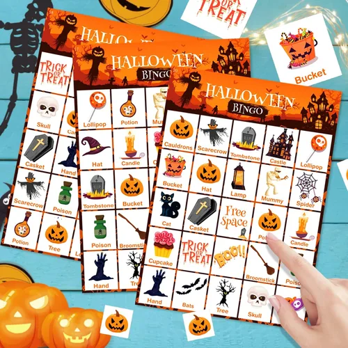 Vista 3 de V-Opitos Tarjeta de juego de bingo de Halloween de gran tamaño para niños y adultos, 6 x 8.5 pulgadas, 28 jugadores, juegos de Halloween