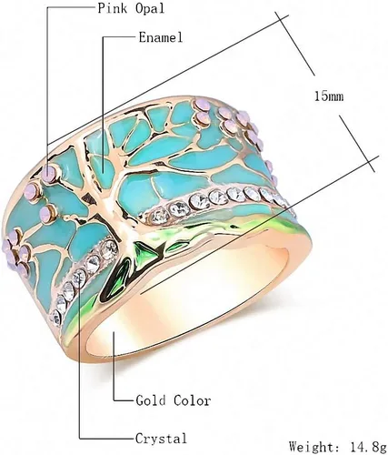 Vista 6 de Anillos de árbol de flores de la suerte, oro rosa, ópalo verde, esmaltado, anillo ancho para mujer, joyería vintage de cristal para fiesta
