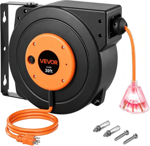 Vista 10 de VEVOR Carrete de cable de extensión retráctil de 25 pies resistente 14AWG Rojo
