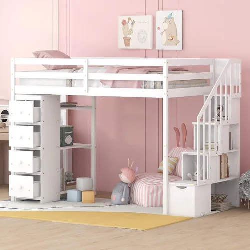 Vista 13 de Cama alta moderna con cajones de almacenamiento y escaleras, cama de madera tamaño individual con estantes y barandillas, para niños, niñas