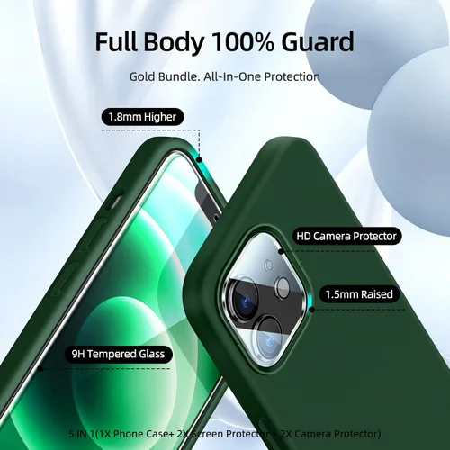 Vista 2 de Funda 5 en 1 para iPhone 12 Pro con protector de pantalla y protector de lente de cámara, funda de silicona líquida para iPhone 12 Pro (verde alpino)
