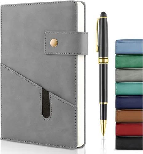 Vista 10 de Cuaderno de cuero A5 con bolígrafo, 200 páginas de tapa dura con bolsillo, diario de papel forrado grueso de 3.53 oz/m² para hombres y mujeres, gran