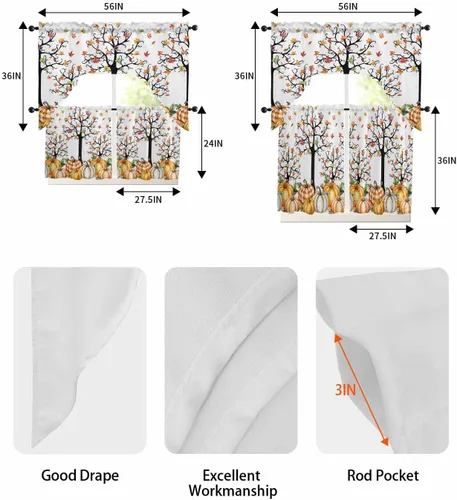 Vista 5 de Pumpkins Thanksgiving Kitchen Curtains Swag Valance and Tier Curtains Set 24 Inch Length, Fall Watercolor Botanical Leaves Retro Rod Pocket Drape