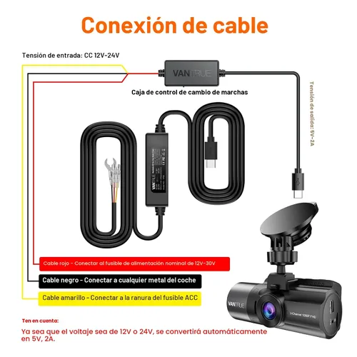 Vista 2 de Kit de cable duro USB-C Vantrue de 11.5 pies (12V–24V a 5V) con funcionalidad de accesorio, protección de bajo voltaje para N4(S)/N4