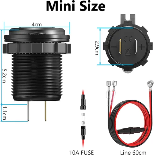 Vista 6 de [Carcasa de metal] Salida USB de 12 V Dual QC 3.0: Qidoe Enchufe de aluminio de 12 voltios para motocicleta con interruptor de botón voltímetro LED