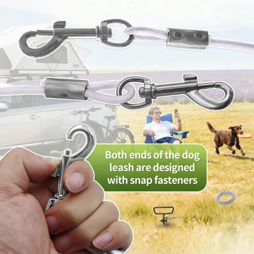 Vista 7 de Cable de amarre y estaca para perros de 20 pies, resistente para patio, correa de gancho con bloqueo, cable giratorio de 360° para perros medianos