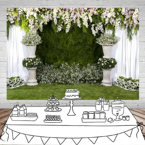 Vista 4 de Arco de flores de boda de 7 x 5 pies, telón de fondo verde para pared, ceremonia, fotografía, plantador, flores, cortina blanca, decoración de mesa