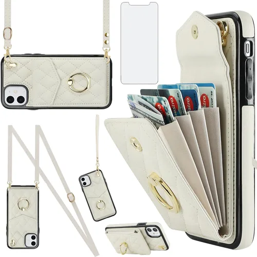 Vista 8 de Asuwish Funda de teléfono para iPhone 12 Mini 5.4 con protector de pantalla de vidrio templado y correa para la muñeca, bloqueo RFID, tarjetero