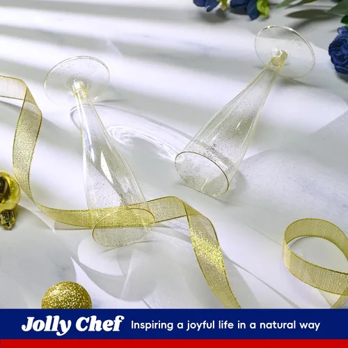 Vista 8 de JOLLY CHEF Paquete de 100 copas de champán de plástico desechables de 4.5 onzas con purpurina dorada para boda, día de Acción de Gracias, Navidad