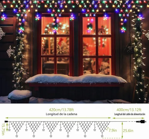 Vista 4 de Luces de Navidad Decoraciones Exteriores 13.8 pies 200 Luces LED de Navidad con 12 Estrellas, Luz de Cortina de Hadas Regulable con 8 Modos