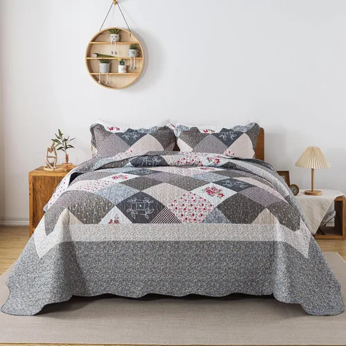 Vista 11 de Juego de cama de dos piezas, tamaño individual, de microfibra, reversible, de retazos, estilo floral, todas las estaciones, patrón de porcelana azul