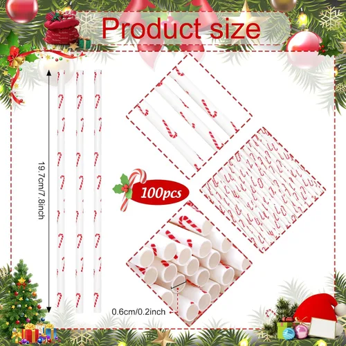 Vista 2 de 100 pajitas de papel de bastón de caramelo de Navidad, color rojo y blanco, para invierno, desechables, para bebidas, decoraciones de cócteles