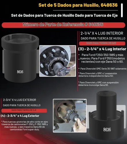 Vista 4 de Camoo 648636 Juego de llaves de tuerca de husillo, 5 piezas de enchufes de tuerca de eje para Ford Dana 50 60, para Dodge, Chevrolet y GMC de 1/2
