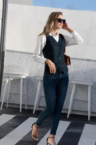 Vista 5 de KANCY KOLE Chaleco vintage para mujer, totalmente forrado, formal, de negocios, con botones, chaleco steampunk