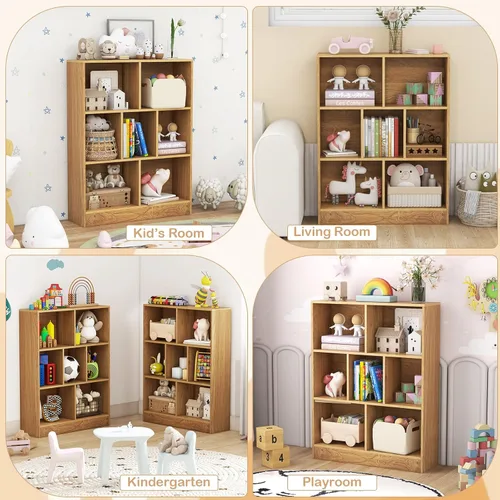 Vista 7 de HONEY JOY Organizador de almacenamiento de juguetes para niños, gabinete de almacenamiento de madera de 7 secciones, baúl de juguetes de guardería