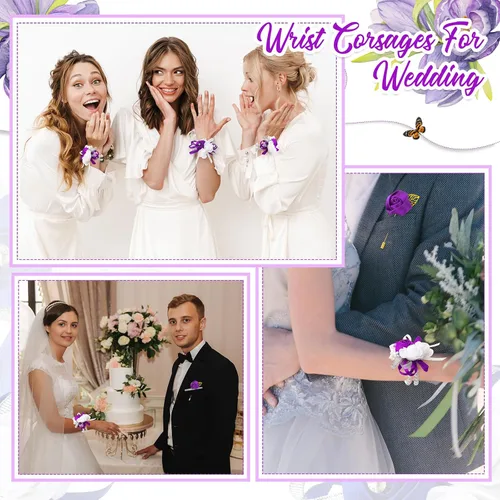 Vista 6 de Tigeen Juego de 24 ramilletes de muñeca y boutonniere para hombre, ramillete de muñeca de boda, flor de mano para madre de novia, novia, decoración