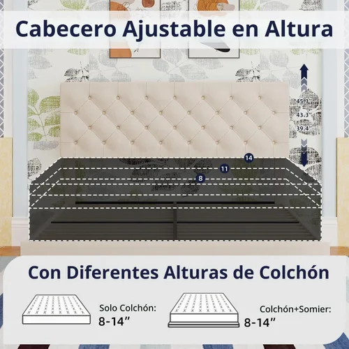Vista 4 de BarnFurin Base de cama tamaño Queen, plataforma tapizada con cabecera capitoné con botones, marco de cama de tela con soporte de listones de madera