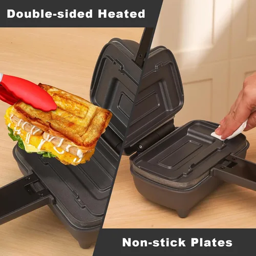 Vista 3 de UVFAST Mini sandwichera con platos extraíbles: Máquina portátil para hacer queso a la parrilla, sándwichera de desayuno eléctrica con platos