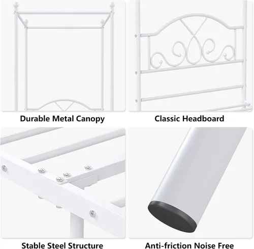 Vista 7 de Weehom - Estructura de cama con dosel individual, con cabecero y pie de cama, cortinas de cuatro postes de metal, diseño de plataforma de cama