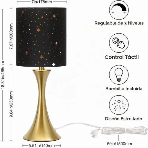 Vista 2 de Lámpara táctil para dormitorio, lámpara de mesa dorada regulable en 3 vías con pantalla estrellada negra, lámpara decorativa de mesita de noche Base