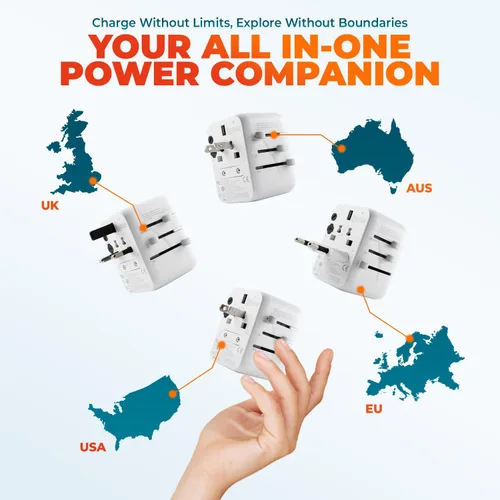 Vista 2 de Adaptador de viaje universal 6 en 1-10A Adaptador de corriente internacional con 3 puertos USB C, 2 puertos USB A Cargador portátil rápido