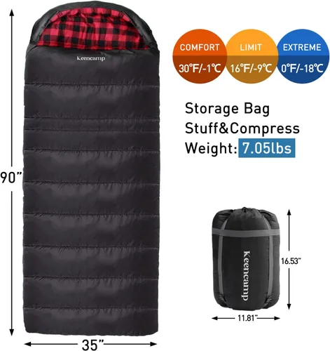 Vista 2 de Keencamp Saco de dormir de 0 grados de franela de algodón para invierno, clima frío para adultos, XXL saco de dormir de 4 estaciones, grande y alto