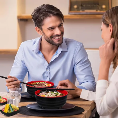 Vista 5 de meekoo Juego de 6 tazones de ramen de 41 onzas a granel asiático, chino, grande, japonés, fideos para ramen, cuenco Pho con tazones de inmersión