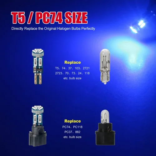 Vista 5 de Bombilla LED de alto brillo azul profundo T5 37 74 PC74 PC37 con enchufe de bloqueo giratorio para panel de instrumentos, luz en racimo y luz