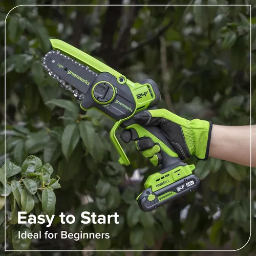 Vista 5 de Greenworks Mini motosierra sin escobillas de 24 V y 4 pies (engrasador automático, tensión sin herramientas, ultraligera), batería y cargador