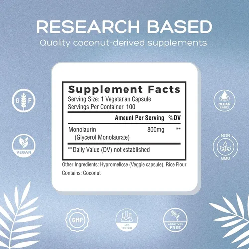 Vista 6 de Natural Cure Labs Monolaurina extra fuerte 800mg, 100 cápsulas, 33% más