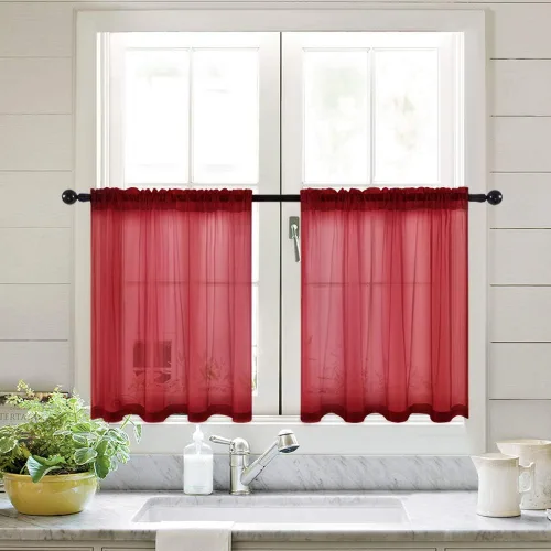 Vista 5 de MIULEE Cortinas semitransparentes 24 pulgadas de largo 2 paneles para ventana de cocina sobre el fregadero, cortinas cortas pequeñas de café