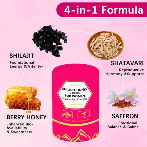 Vista 3 de Palitos de Miel de Sálvia y Shilajit de Fresa para Mujeres, Palitos de Miel para Mujeres con Extracto de Azafrán y Shatavari y Resina de Shilajit