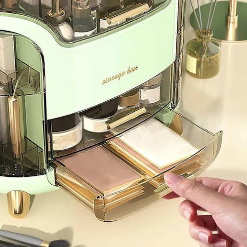 Vista 7 de Organizador de maquillaje para tocador, organizador de cuidado de la piel impermeable y a prueba de polvo con tapa y cajones, caja de almacenamiento