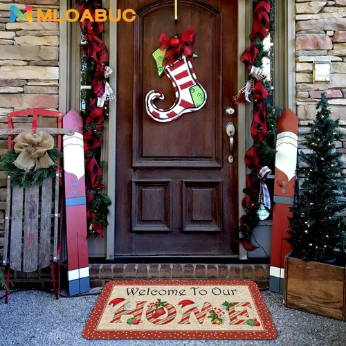Vista 2 de Mloabuc Tapete de Bienvenida Feliz Navidad 17 x 30 pulgadas Interior/Exterior Invierno Vacaciones Decorativo Estacional Arpillera Tapete