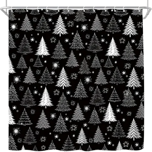 Vista 2 de Cortina de ducha con diseño de árbol de Navidad, color negro y blanco, diseño de árbol de Navidad retro, copo de nieve, diseño de pino de Año Nuevo