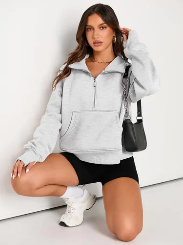 Vista 4 de AUTOMET Sudaderas con media cremallera para mujer, sudadera corta de vellón con cremallera de un cuarto, sudaderas con capucha para el otoño, a