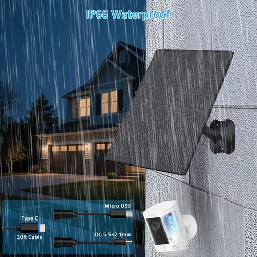 Vista 4 de Panel solar de 10 W para cámaras de seguridad, panel solar de cámara exterior de 5 V con cable USB-C, CC 0.217 x 0.083 in y puerto micro USB