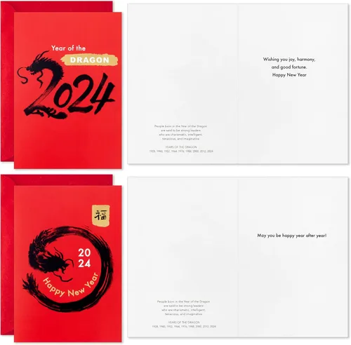 Vista 4 de Hallmark Ocho tarjetas de bambú con fecha de año nuevo chino 2024 (16 tarjetas del año del dragón con sobres)