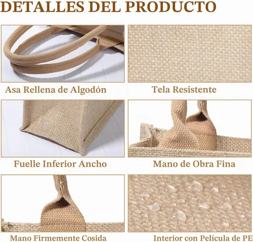 Vista 5 de 16 bolsas de arpillera con asas e interior laminado, reutilizables, en blanco, regalo de dama de honor, bolsa de playa para compras, boda, fiesta