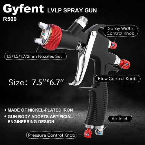 Vista 3 de R500 LVLP - Pistola de pulverización de aire premium, pistola de pintura automotriz con boquillas de 1.3/1.5/1.7/0.079 in y 18 piezas de accesorios