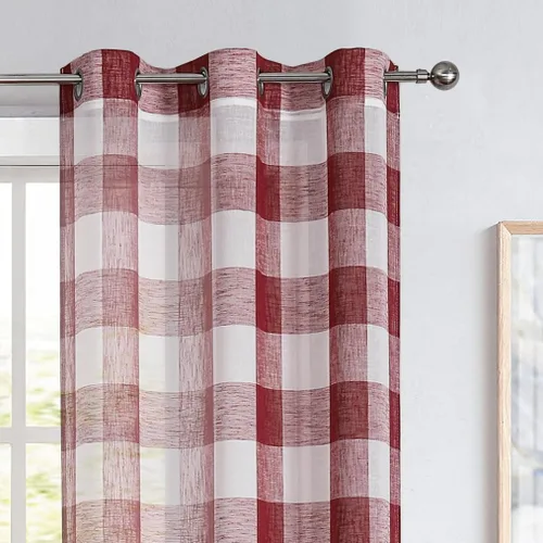 Vista 3 de Panel de cortina traslúcido rojo de 54 pulgadas de largo, cortinas de ventana a cuadros a cuadros estilo granja, tratamiento superior de gasa