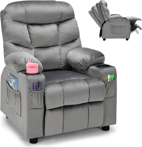 Vista 12 de Costzon Silla reclinable para niños con soporte para tazas, silla de salón de terciopelo ajustable con reposapiés y bolsillos laterales