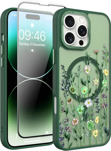 Vista 170 de Magnético para iPhone 13 con protector de pantalla [Compatible con MagSafe] Diseño de patrón floral de flores bonitas, funda delgada a prueba