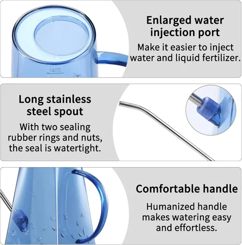 Vista 4 de Goowin - Regadera para plantas de interior, boquilla larga, regadera pequeña de 47 oz para interior con botella de espray adicional de 16 oz y Azul