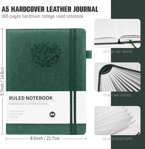 Vista 2 de Diario rayado, cuaderno rayado A5 para mujer, 384 páginas, diario de cuero de tapa dura verde para hombres, cuaderno de rayas universitarias