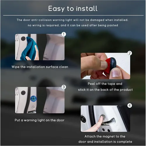 Vista 3 de Dickno 4 luces LED inalámbricas de advertencia para puerta de automóvil, 5 luces LED de señal de seguridad intermitentes automáticas en carretera